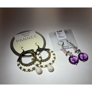 Pannee Lot of 2 Boho Loop /Hoop White Stone Earrings  & Dang Purple Drop
